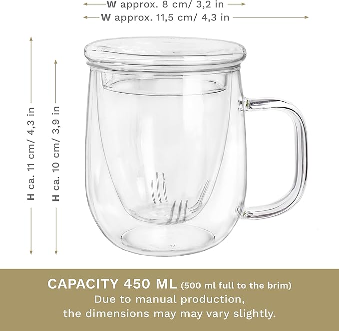 Creano Tea Glass 450 ml – Large Tea Cup with Strainer and Glass Lid – An ideal Tea Maker - Bloomnest
