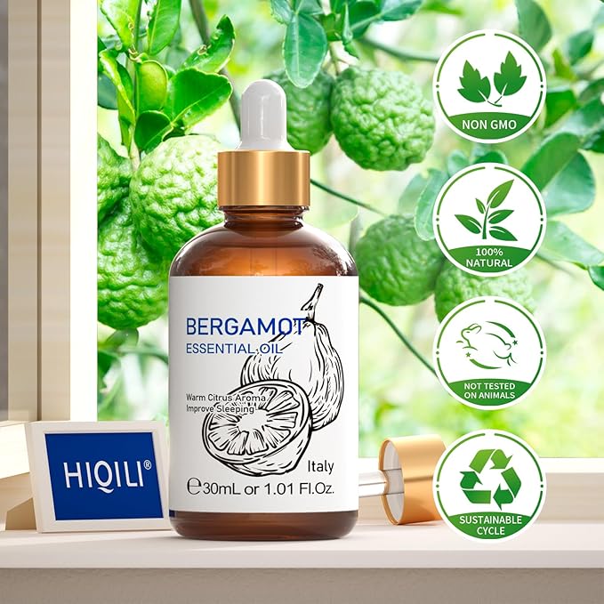 HIQILI Bergamot Essential Oil for Diffuser, Skin, Hair, DIY, 100% Pure & Natural - 1.01 Fl Oz (30 mL) - Bloomnest