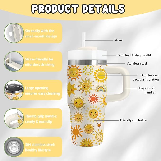 Sunshine Gifts - 14 Oz Yellow Kids Sun Tumbler with Handle and Straw, Stainless Steel Insulated Water Bottle, for Sports, School, Travel - Funny Sunshines Themed Children Birthday Gift Cup(1pc) - Bloomnest