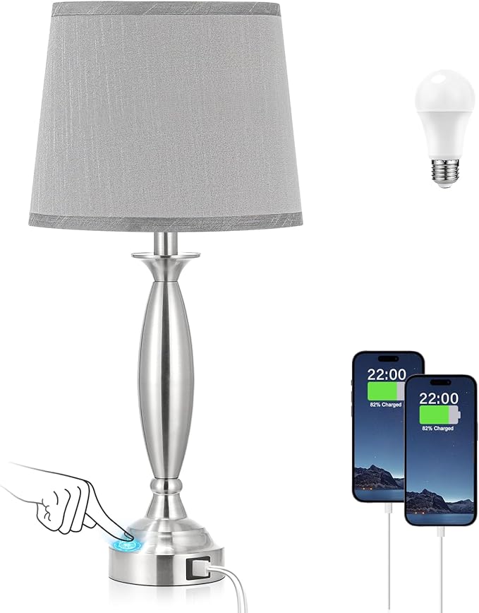 Seealle Lamps for Bedrooms - Touch Control Bedside Lamp with USB C+A, 3 Way Dimmable Nightstand Lamps with USB Port, Brushed Nickel Table Lamp for Living Room Guest Room Bed Side End Table(Single) - Bloomnest