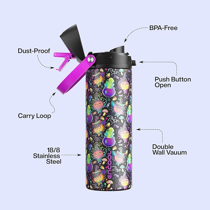 Insulated Water Bottle with Straw - Encool Stainless Steel Water Bottle with Push Button Lid, Leak-Proof & BPA-Free, Keeps Cold for 24 Hours for Sports, Travel, Gym (24 oz, Meowgic Night) ENCOOL