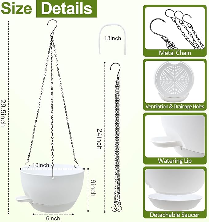 WOUSIWER Self Watering Hanging Planters, 2 Pack 10'' Plastic Pots with Drainage Holes & Reservoir Tray (White) | Indoor & Outdoor Use for Ferns, Ivy, Herbs, Succulents - Bloomnest