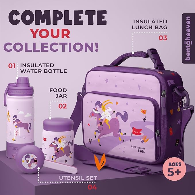 Bentoheaven Kids Water Bottle Stainless Steel for Boys & Girls, 2 Lids (Chug & Straw), Handle & Silicone Boot, Reusable Metal Leak-proof Insulated Tumbler, School & Sports 17oz (Purple) - Bloomnest