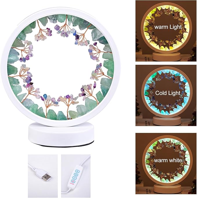 Runyangshi Natural Crystal Green Fluorite Small Tree Round White Frame Tri-Color Ambient Light Home Decoration Night Light Mother's Day Gift - Bloomnest