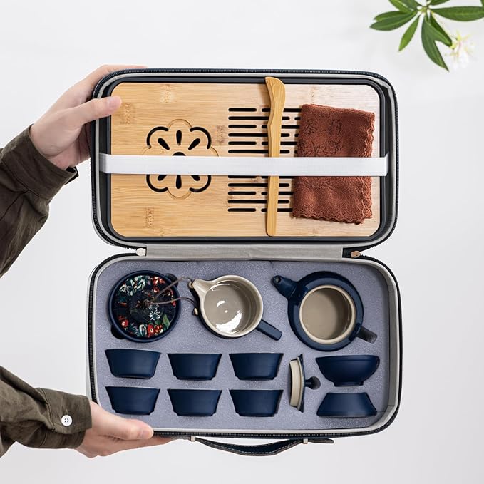 Travel tea set,Portable ceramic tea set,Chinese tea set,Tea sets for adults,Tea pot sets,Portable Travel Bag,Home,Gifting,Outdoor and Office,茶具 (Blue) - Bloomnest