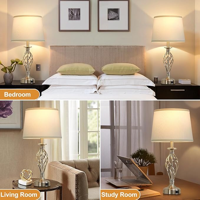 Table Lamp for Bedroom Set of 2 with USB C+A Ports, Modern Bedside Lamps with Spiral Cage Base, White Fabric Shade, Nightstand Lamp for Living Room Reading Bed Side End Table, 2 LED Bulbs Included - Bloomnest
