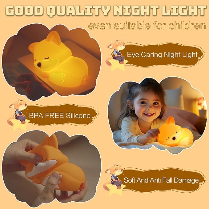 Fox Night Light for Kids, Cute Lamp Xmas Fox Gifts, Squishy Rechargeable Dimmable Toy, LED Woodland Animal Nightlight, White Elephant Gift, Fall Room Décor, Silicone Touch Light Up Foxes - Bloomnest