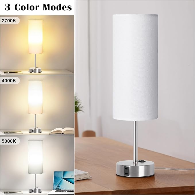 ZJOJO Table Lamp for Bedroom 2 Pack,18in Bedside Lamps with 3 Way Dimmable Rocker Switch & AC Outlet,Nightstand Desk Lamp with White Fabric Shade Nickel Basee for Living Room Home Decor Lights - Bloomnest