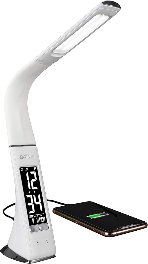 OttLite Thrive LED Sanitizing Desk Lamp with Clock and USB Charging - Eliminates up to 99.9% of Bacteria, Touch Activated, Flexible Neck, Modern Light for Reading, Crafting & Office Desktop - Bloomnest
