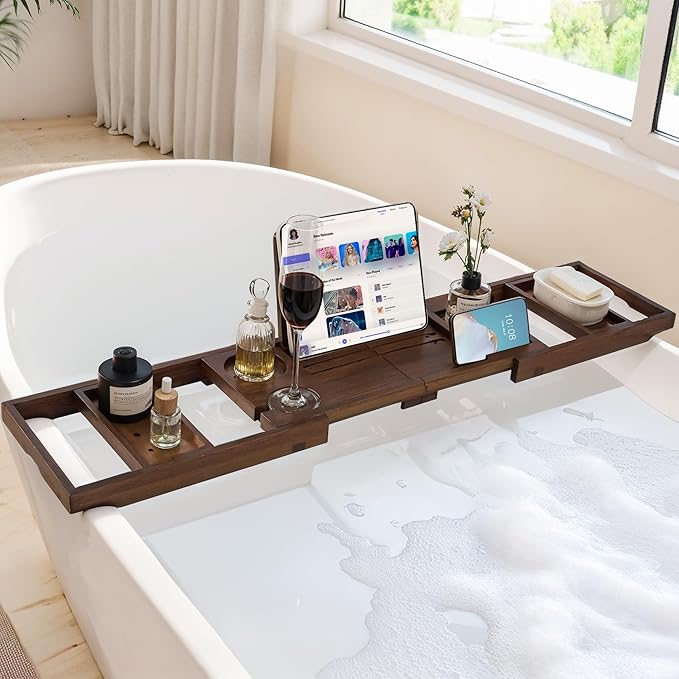 Teak Bathtub Tray, Wooden Tray Caddy for Bathtub, Luxury Bathroom Trays for Home Spa Relaxation, Teak Bathtub Caddy as Housewarming, Wedding Gifts for Women (Walnut Teak) - Bloomnest