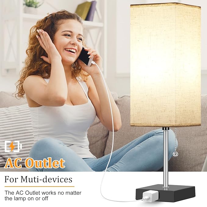 Table Lamp for Bedroom set of 2,3-Color Bedside Lamps with Pull Chain Table Lamps for Nightstand with AC Outlets,18'' Night Light Lamps with 2 Bulb Lamps for Living Room Kids Office Decor（Black+Cream） - Bloomnest