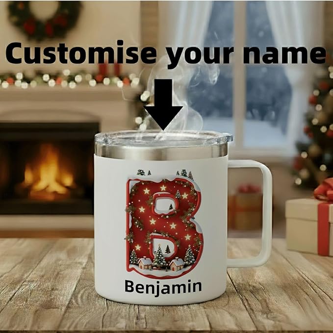 Personalized Christmas Mug | Custom Starry Night Village Initial Insulated Coffee Cup with Handle & Lid | 12oz Festive Red Holiday Tumbler, Unique Gift (B10) - Bloomnest