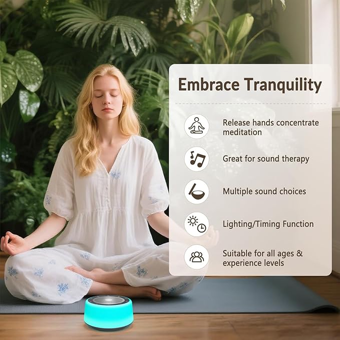 Kipcush Automatic Tibetan Singing Bowl Sound Machine, 11 Soothing Sound Therapy Tones, Touch Night Light, Smart Timer & Memory, Plug-in White Noise Machine for Sleep, Meditation, Yoga & Relaxation Kipcush%C2%AE