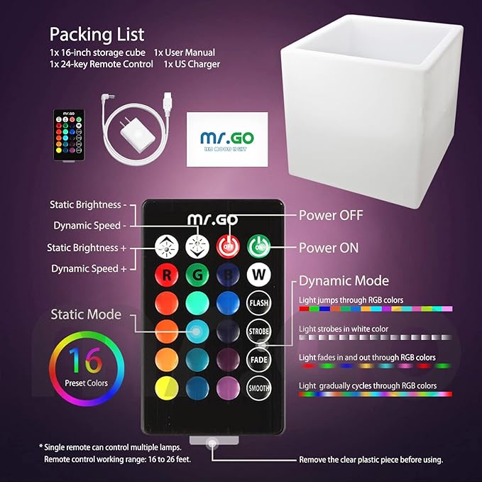 Mr.Go 16-inch SEMI-Storage LED Light Cube, Rechargeable RGB Color Changing Glowing Cube Cabinet Container End Table Ice Bucket Flower Pot Planter - Bloomnest