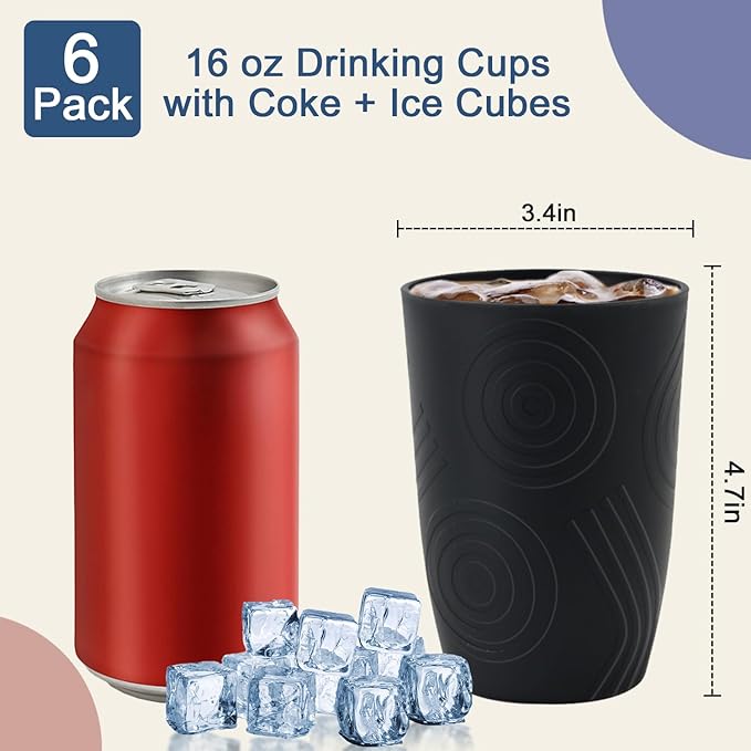 Wheat Straw Cups 6 Pcs 16 OZ Plastic Cup, Unbreakable Drinking Glasses, Lightweight Cup Set for Kitchen, Alternative to Plastic Cups Reusable Dishwasher Safe (Black) - Bloomnest