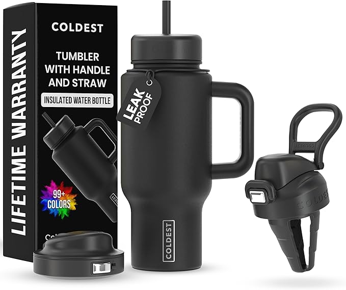 Coldest Tumbler with Handle and Coffee Lid - 100% Spill Proof Tumbler with Straw (3 Lids) - Stainless Steel Insulated Leakproof Tumblers for Women & Men - Cup Holder Friendly - 24 oz (Stealth Black) - Bloomnest