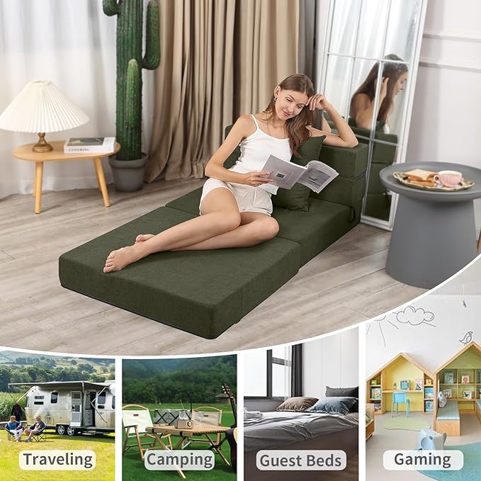 High-Density Memory Foam Folding Sofa Bed with Fluffy Pillow, Single Size, Green - Bloomnest