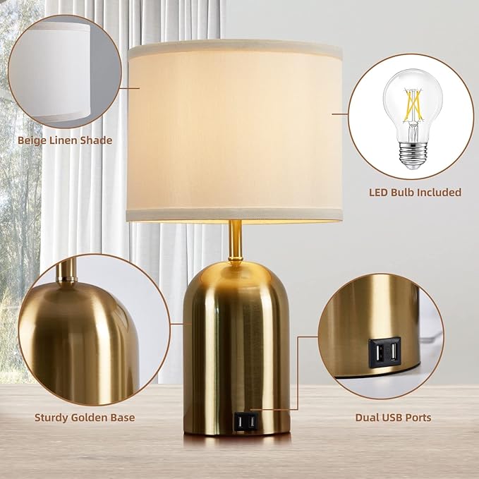 GyroVu Touch Control Table Lamps Set of 2, Gold Bedside Table Lamps for Bedroom Living Room Office, Modern 3 Way Dimmable Desk Lamp for Nightstand with 2 USB Charging Ports, 2 Bulbs Included - Bloomnest