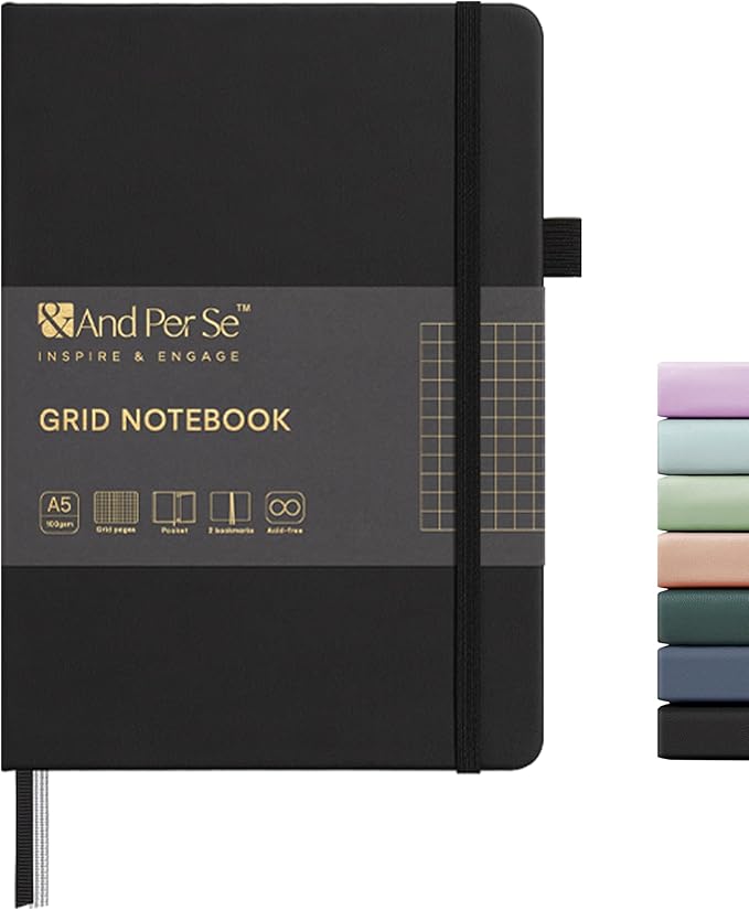 &And Per Se Graph Journal Notebook, 160 Pages, A5 5.7 x 8 inches 100 gsm Thick Paper Notebook Journals for Writing, Grid Hardcover Notebook(1 Pack, black)