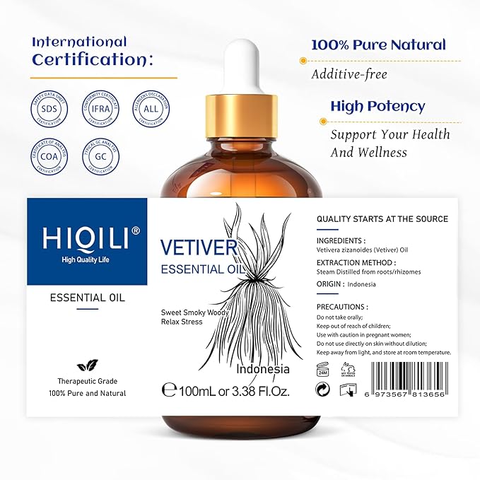 HIQILI 100ML Vetiver Essential Oil, 100% Pure Natural for Diffuser Calm and Relation- 3.38 Fl Oz - Bloomnest