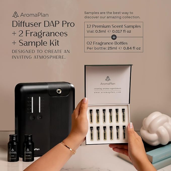 AromaPlan 5 Star Collection Cold Air Scent Diffuser, Whole House (Includes 2 Fragrances & 12 Set Sample kit) - Smart Scent Diffuser, HVAC System- Touch & App, 2000 Sq. Ft Cov. (Black) - Bloomnest