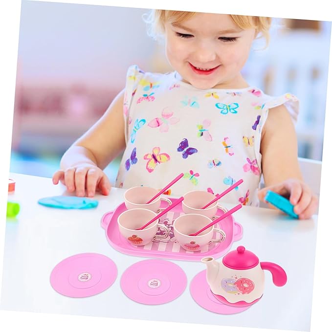 Pretend Play Tea Party Set for Little Food-Grade Plastic Teapot with Tray Cups and Saucers Vibrant Colors Safe and Kitchen for Birthday and Christmas
