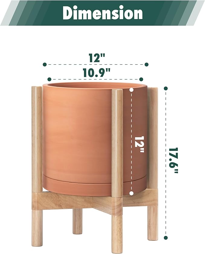 D'vine Dev Terracotta Planter with Natural Stand - 12 Inch Modern Round Flower Pot with Wood Planter Holder, Terracotta, 55-B-J-5 - Bloomnest