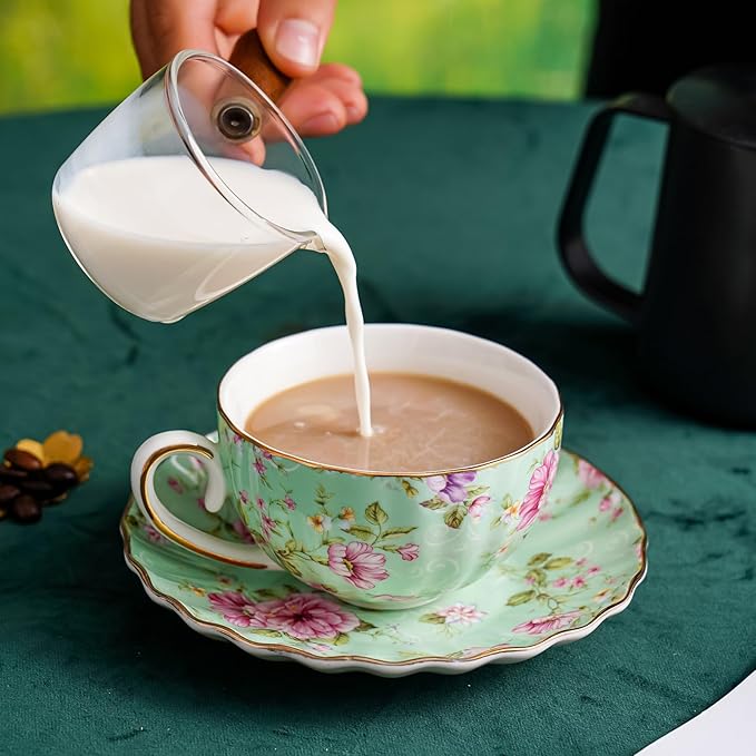 Tea Cup and Saucers, 6.4oz Floral Tea Cups with Gold Trim, Porcelain Teacup, Coffee Cappuccino Espresso Latte Mugs for Party Birthday,Party Cafe Home, Christmas Gift (Green) - Bloomnest