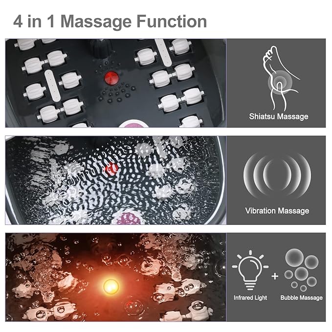 Foot Spa Bath Massager with Heat Bubbles and Vibration Massage and Jets, 16 OZ Calming Lavender Foot Soak Epsom Salt, MoodRelish Foot Soaker with Red Light, 22 Massage Rollers, Adjustable Temp - Black - Bloomnest