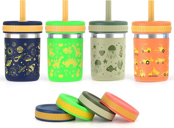 Sursip 10 oz Stainless Steel Kids Cups with Silicone Sleeves & Straws | Spill-Proof Sippy Cup for Drinks & Snacks, Smoothie Cups for Toddlers, BPA-Free, Dishwasher Safe - Bloomnest