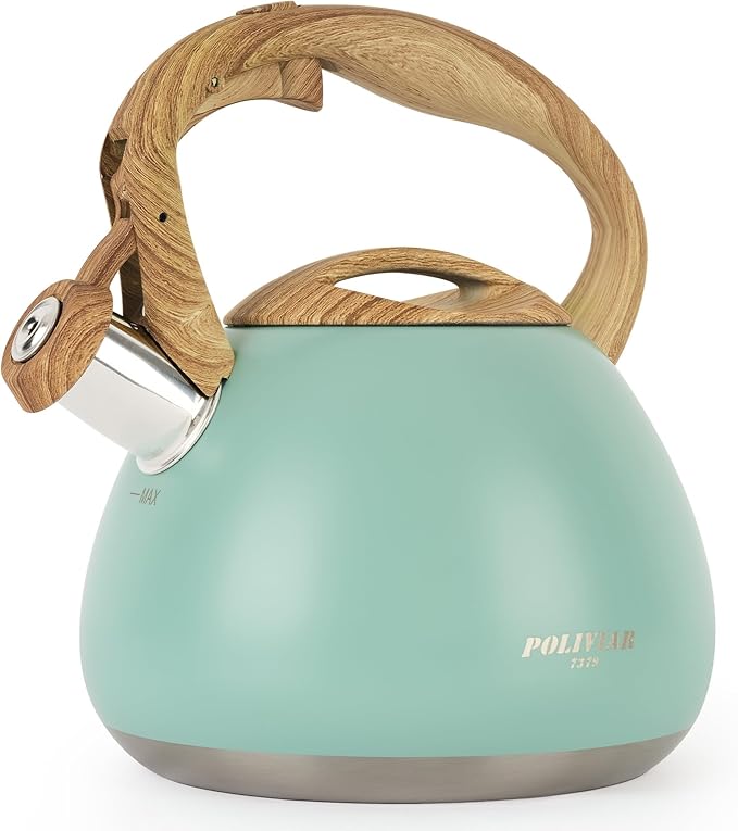 POLIVIAR Tea Kettle, 2.7 Quart Blue Finish with Wood Pattern Handle Loud Whistle Food Grade Stainless Steel Teapot, Anti-Hot Handle and Anti-Rust, Suitable for All Heat Sources JX2025-TB30 - Bloomnest