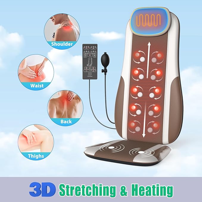 Shiatsu Back Massager with Heat, Massage Chair Pad Seat Cushion for Stress Relief, Deep Tissue Kneading & Roller, 2 Vibration Motors, Back Waist Hip Massager, PU Leather, with 2 Adapters - Bloomnest