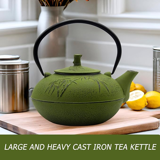 84.6oz/2500ml Large and Heavy Cast Iron Tea Kettle for 5 to 8 Cups, Teapot with Stainless Steel Infuser, Cast Iron Tea Pot for Stovetop Safe (2500ml Green Teapot with Bamboo Pattern) - Bloomnest