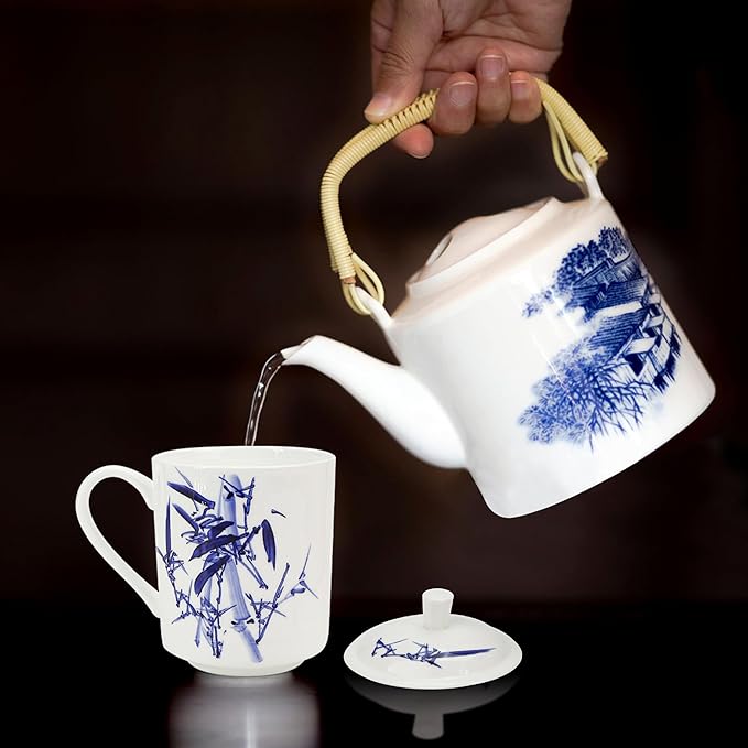 17oz 500ml Chinese Mug Bone China Coffee Teacup with Lid, Small Teapot, High Hand Blown Porcelain Covered Infuser Set for Asian Loose Leaf Gongfu Tea Blue Flower Brewing System for Office Travel Home