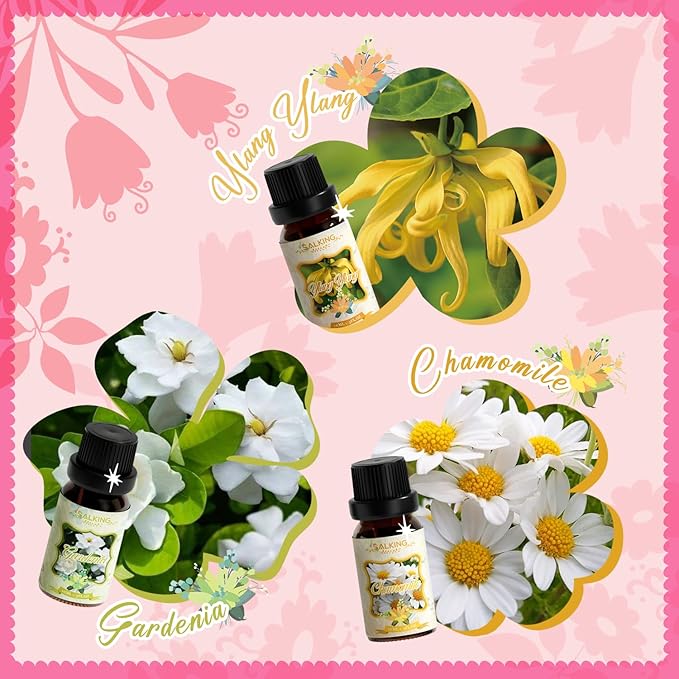 SALKING Floral Essential Oils Set, Premium Pure and Natural Essential Oils, Fragrance Oil Scented Oils for Oil Diffusers 6 x 10 ML - Lavender, Rose, Cherry Blossom, Ylang Ylang, Gardenia, Chamomile - Bloomnest