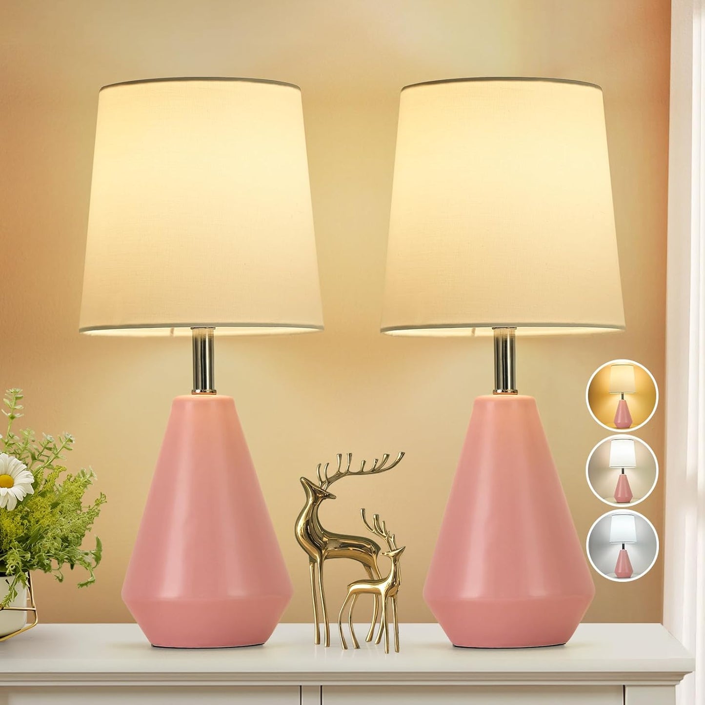 Small Bedside Table Lamp for Bedroom-Reading Desk Lamp Set of 2,with 3 Color Temperatures,15.5" Nightstand Ceramic Lamp with Fabric Shade for Kids Room,Living Room,Dorm,Home Office(Pink+White)
