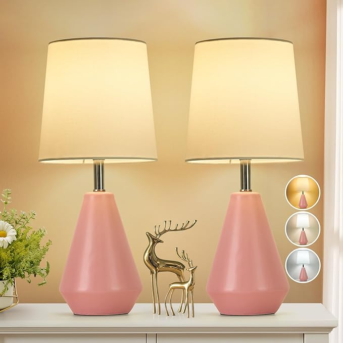Small Bedside Table Lamp for Bedroom-Reading Desk Lamp Set of 2,with 3 Color Temperatures,15.5" Nightstand Ceramic Lamp with Fabric Shade for Kids Room,Living Room,Dorm,Home Office(Pink+White) - Bloomnest