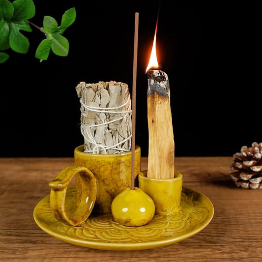 5.1-Inch 5-in-1 Yellow Ceramic Incense Holder - Fits Palo Santo, Sage, Incense Sticks/Cones, Small Candle, Smudge Burning Tray.Zen Altar for Meditation/Yoga, Aromatic Scents, Matches Friendly - Bloomnest