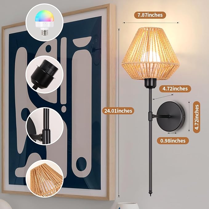 Battery Operated Wall Sconces Set of 2,Rattan Rechargeable Wall Light Dimmable with Remote Control,15 Color Changing and Timer,Boho Black Gold Wall Lamps for Bedroom,Living Room - Bloomnest