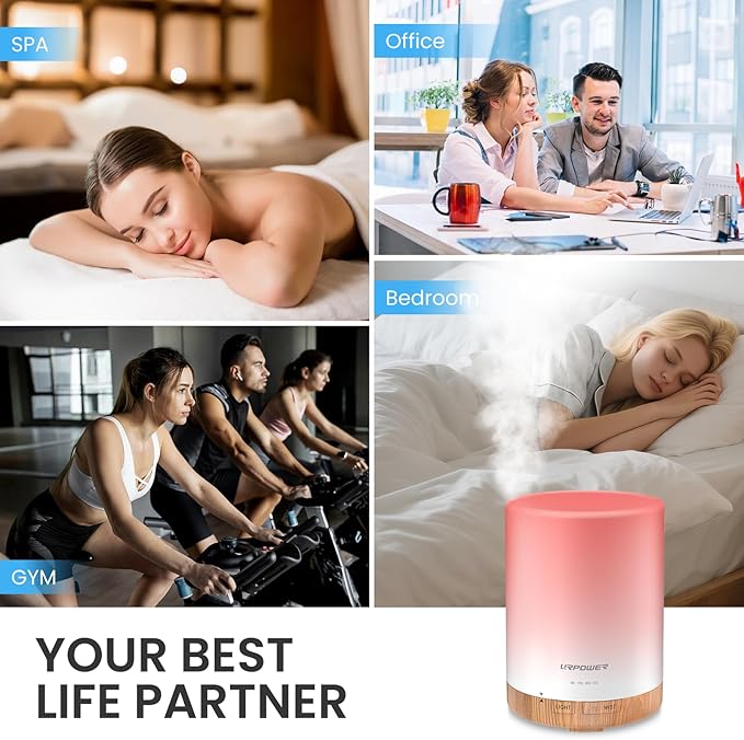 URPOWER 300ml Essential Oil Diffuser Ultrasonic Air Humidifier AUTO Shut Off Aromatherapy Scent Diffuser Night Light 7 Color Changing LED Lights and 4 Timer Settings for Home Office Yoga - Bloomnest