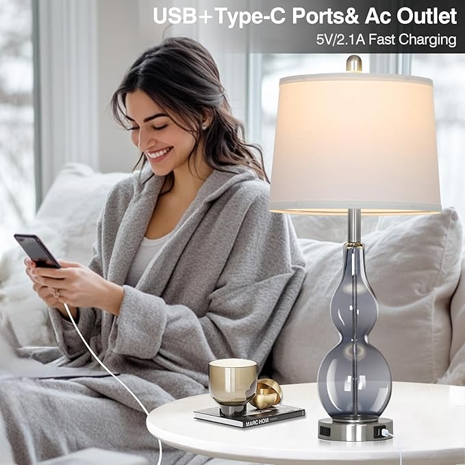 27.5" Gray Clear Glass Table Lamp Set of 2,3-Way Dimmable Touch Control Bedside Lamps with USB Ports and AC Outlet, Modern Nightstand Lamps for Bedroom Living Room - Bloomnest