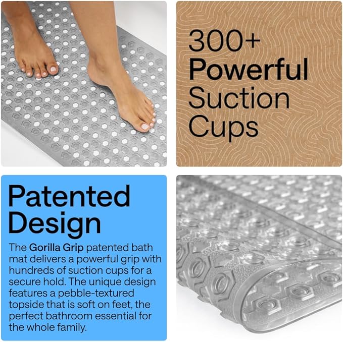 GORILLA GRIP Patented Bath Tub Shower Mat, Machine Washable Bathtub Floor Liner Mats, Suction Cups and Drain Holes to Keep Tubs Clean, Soft on Feet, Bathroom Essentials, 35x16 Inch, Clear Gray - Bloomnest