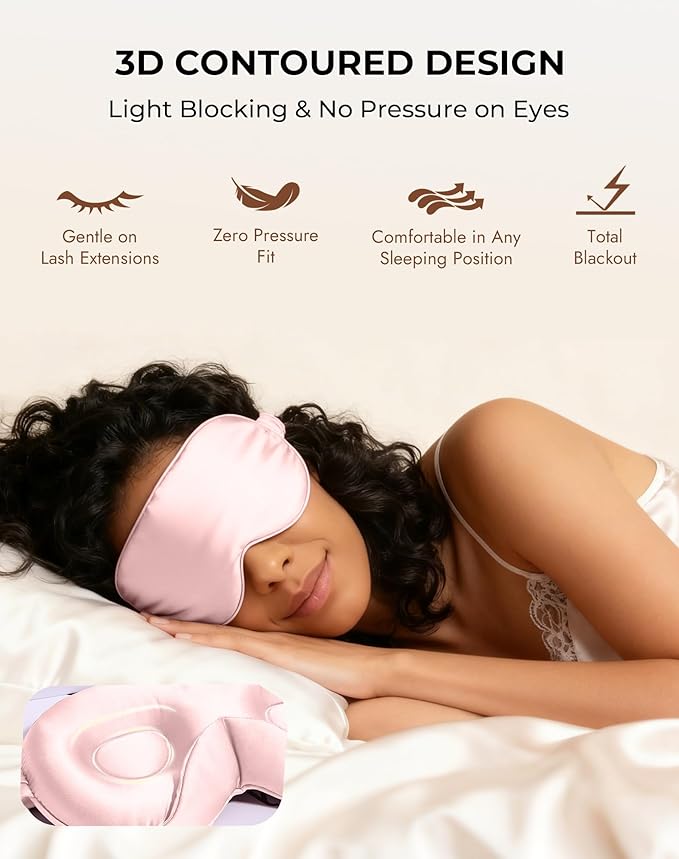 SilkSilky 100% 22 Momme Mulberry Silk Sleep Mask – Upgraded 3D Contoured Eye Mask with Nose Wing Pads & Adjustable Strap, Luxury Blackout Eye Cover for Women & Men (Pink) - Bloomnest