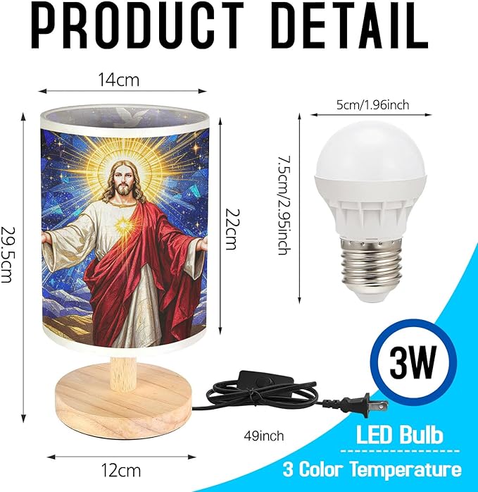 Jesus Christ Table Lamp LED 3-Color Pressed Bedside for Merry Christmas, Jesus Christ Shade Christmas Table Lamp with Wood Base for Bedroom Living Room Desk Office - Bloomnest