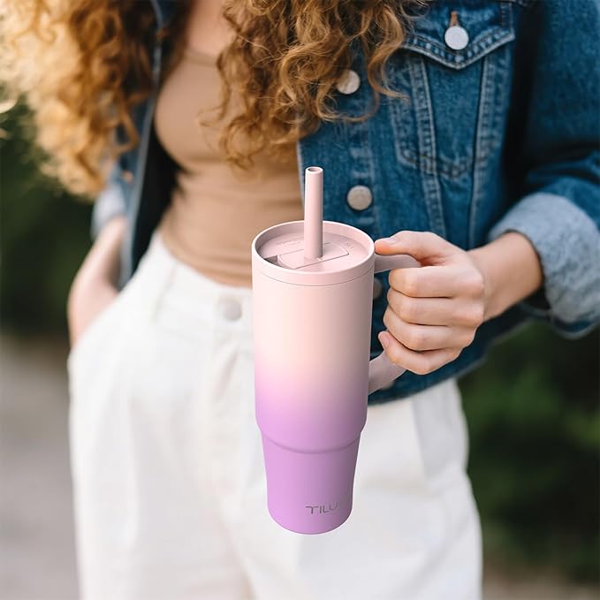 TILUCK 30 oz Tumbler with Handle, Vacuum Insulated Stainless Steel Travel Mug with 100% Leak-Proof Silicone Straw Lid, Cupholder Friendly Water Bottle(PinkPurpleGradient, 30oz)
