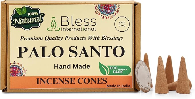 Bless International Palo Santo 100%-Natural-Incense-Cones Handmade-Hand-Dipped Organic-Chemicals-Free for-Purification-Relaxation-Positivity-Yoga-Meditation The-Best-scents (60 Count)