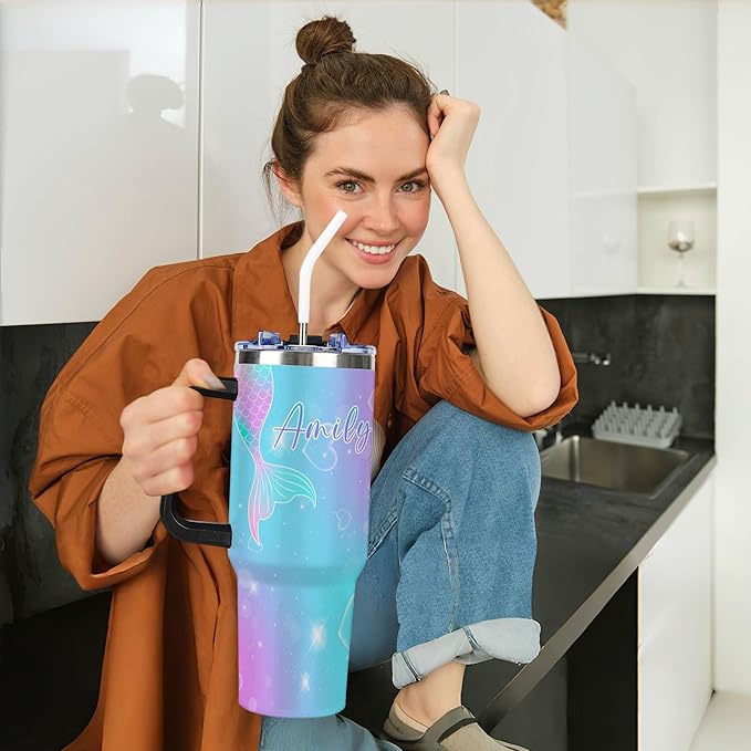 Personalized Mermaid Tail Tumbler with Names, Custom 40oz Tumblers with Handle and Straw Lid, Insulated Stainless Steel Cup, Gifts for Birthday Christmas Anniversary Women Her, Travel Coffee Mug - Bloomnest