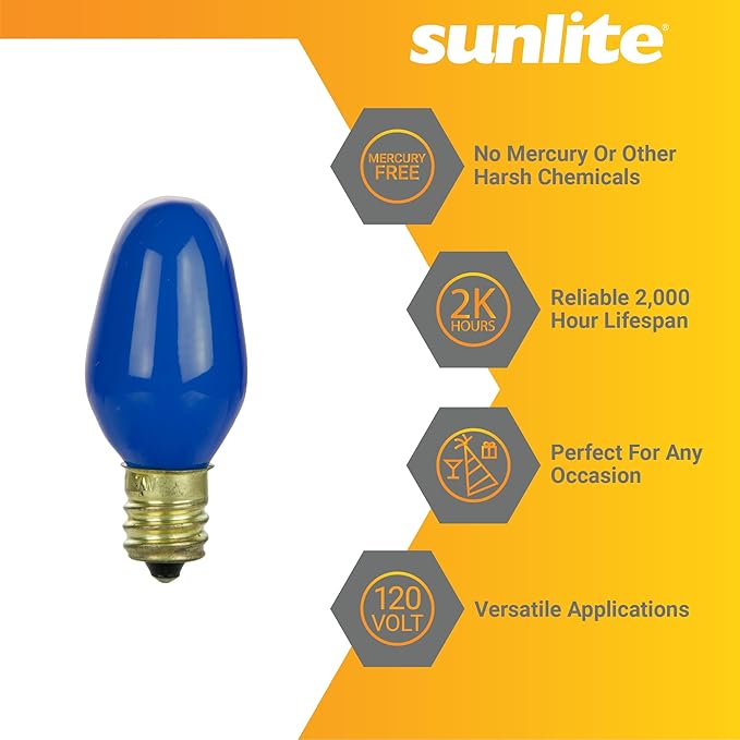Sunlite 01255 7C7 Incandescent Bulb, 7 Watt, Candelabra E12 Base, C7 Small Night Light, Colored Bulb, Blue, 25 Count - Bloomnest