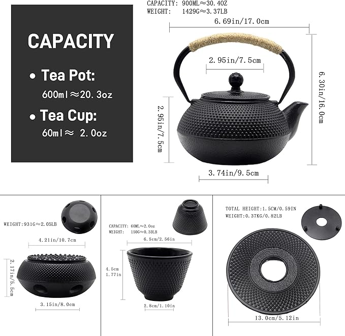 Japanese Tetsubin Tea Kettle Set with Cups, Cast Iron Teapot with Stainless Steel Infuser and Enameled Interior (900ml) - Bloomnest