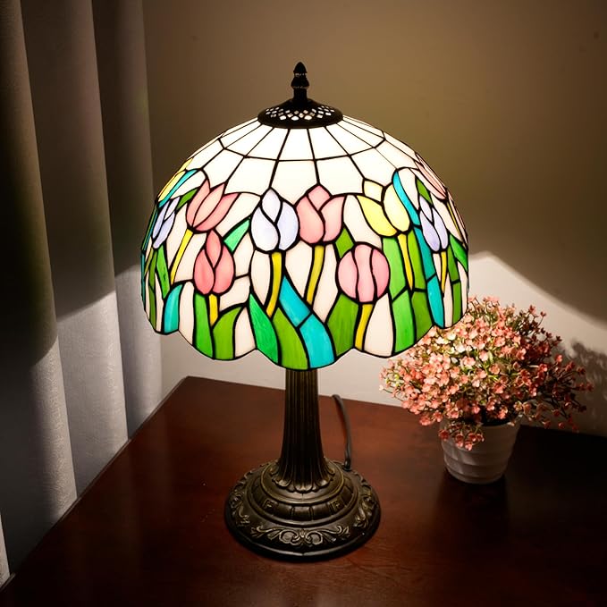 Tiffany Lamp Pink Orange Tulips Style Stained Glass Table Lamp Vintage Bedroom Bedside Light for Home Dorm Office Art Craft Antique Decor Accent Aesthetic Nightstand Reading Light 12x12x19 Inches - Bloomnest